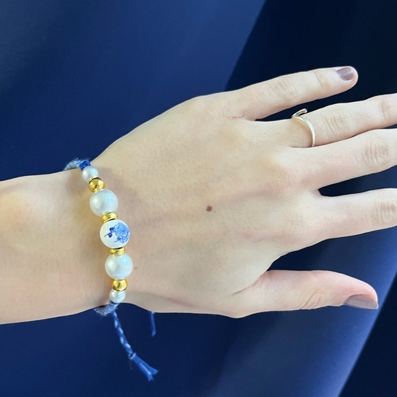 Handmade woven bracelet blue gold adjustable beaded - Picture 7 of 11